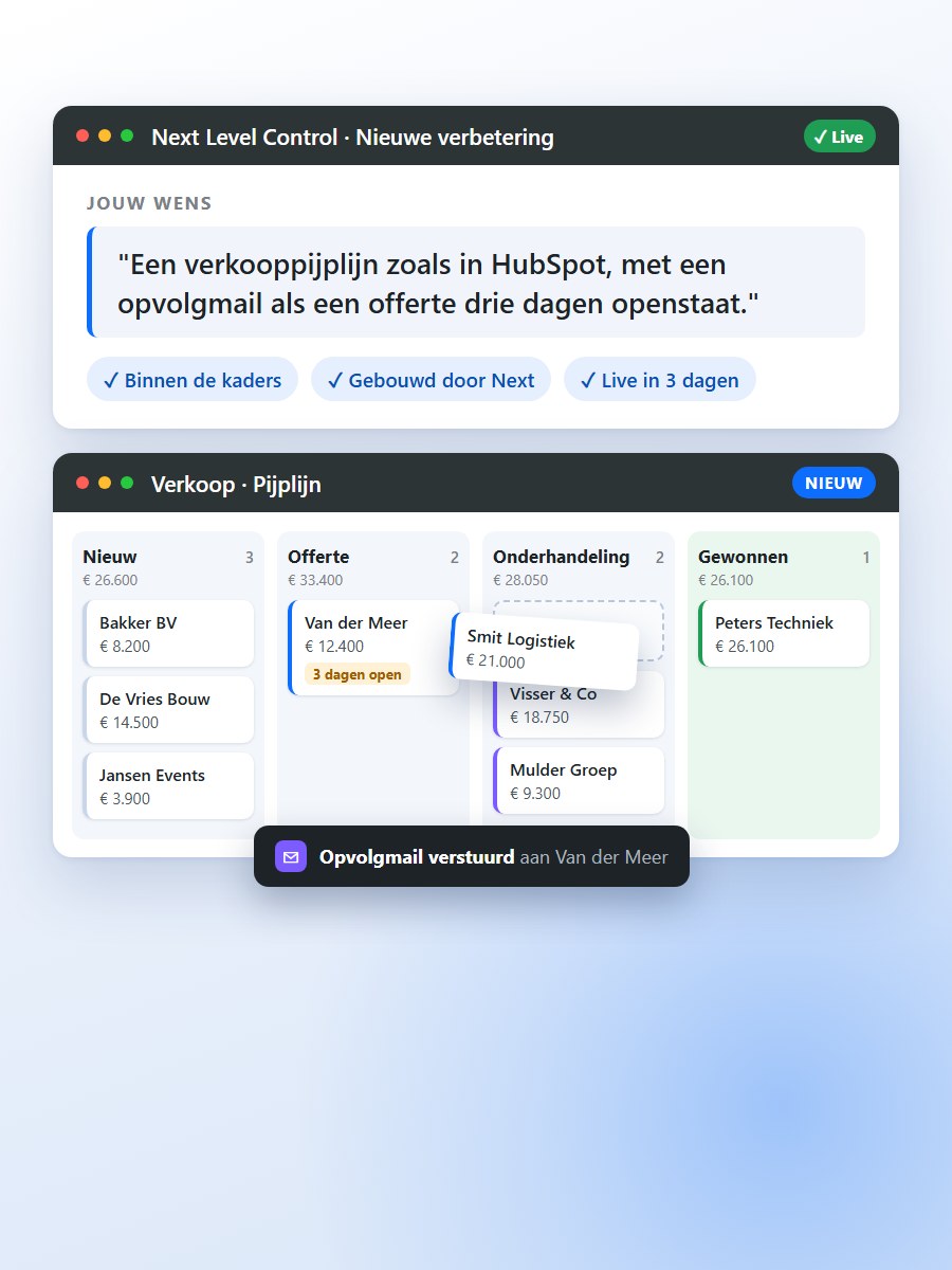 Verbeteren in gewone taal: een wens voor een verkooppijplijn zoals in HubSpot, door Next gebouwd en live, met een automatische opvolgmail