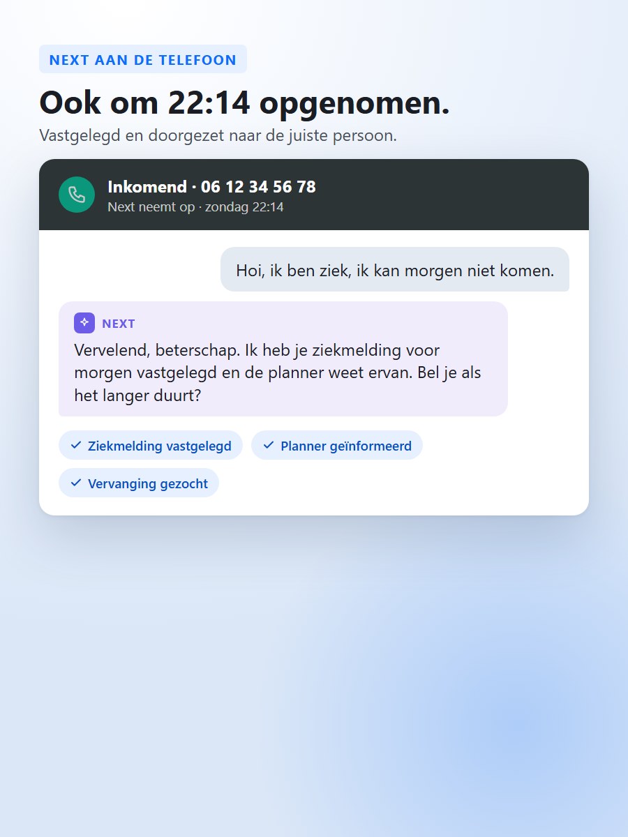 Next aan de telefoon: een ziekmelding om 22:14 wordt opgenomen, vastgelegd en doorgezet